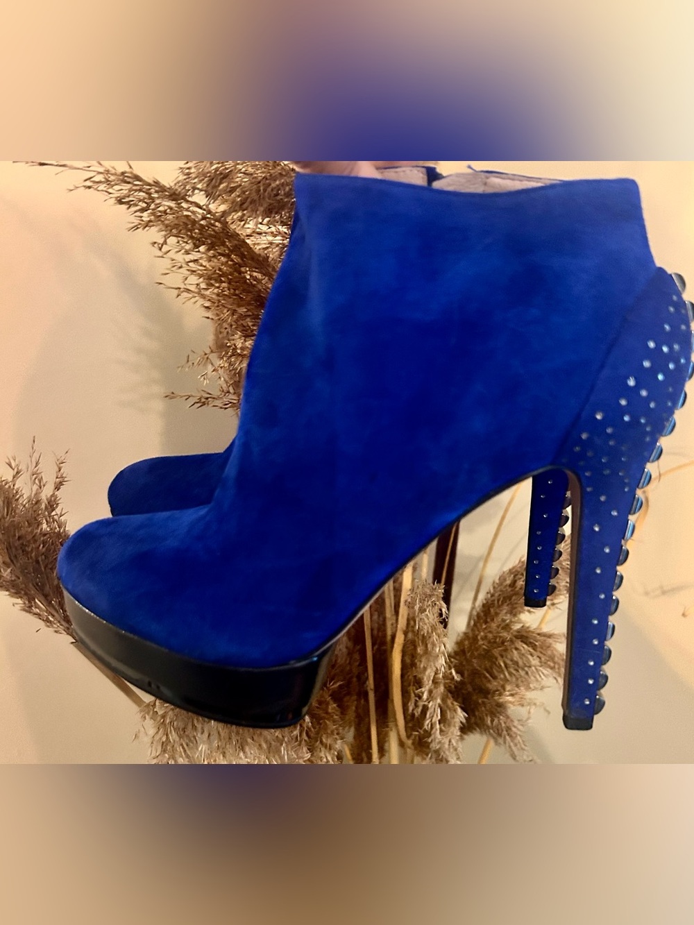 Vince Camuto  Royal Blue Suede High Heel Ankle Boot with Studs and Rhinestones